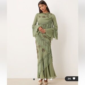Green fringe long sleeve maxi dress with embellishments - ASOS